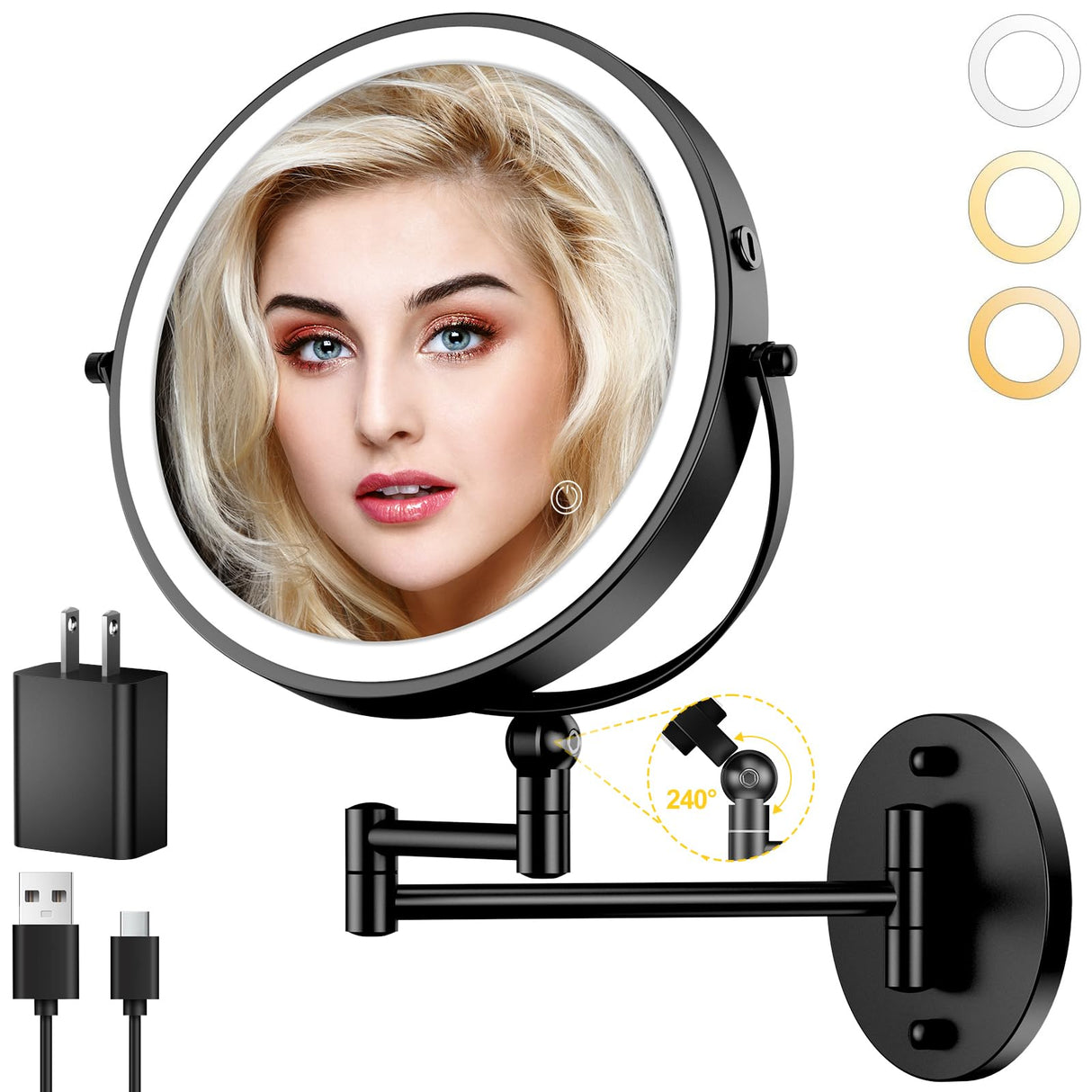 9" Wall Mounted Lighted Makeup Mirror,4000mAh Rechargeable Double Sided 1X/10X Magnifying Mirror with Light,Touch Dimmable,Extended Arm 360 Rotation Wall Mounted Makeup Mirror 3 Color Lights-Black