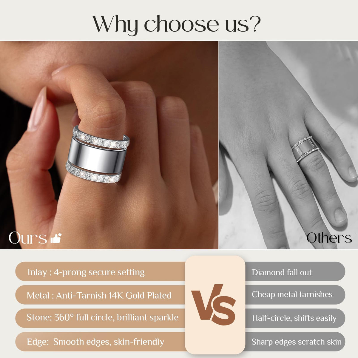 Tensea 2-Pack 14K Gold Plated Stackable Bands Compatible for Oura Ring Gen 5/4/3, Wedding Cubic Zirconia Simulated Diamond Ring Stack, Smart Ring Stacking Rings for Women, Size 6 7 8 9 10, Silver