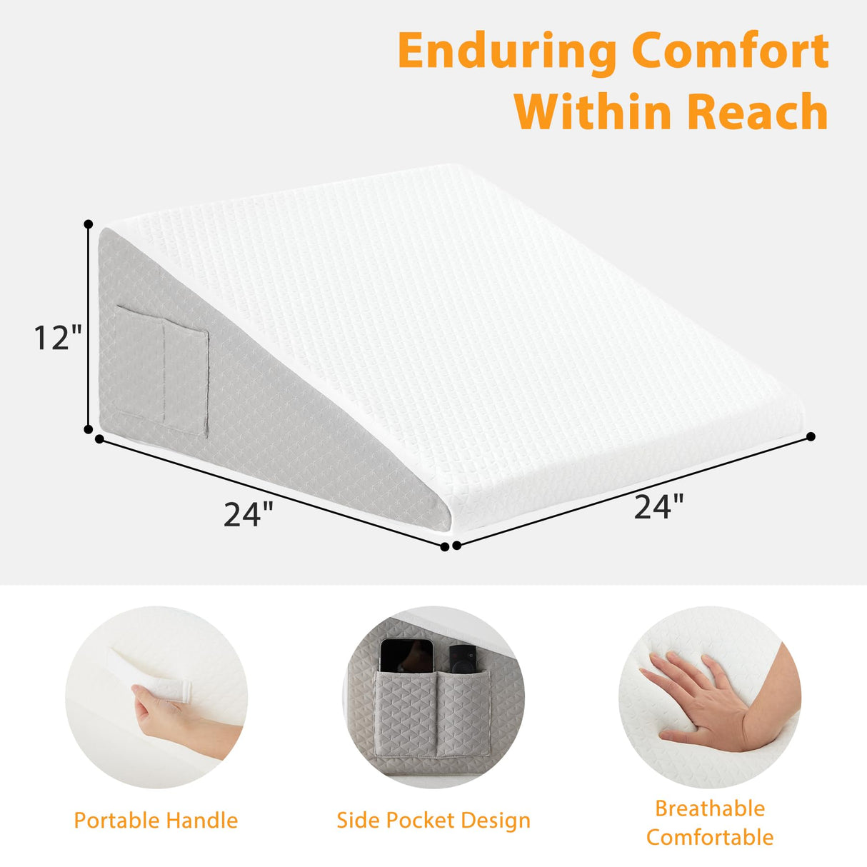 Ruqmuis Wedge Pillow for Sleeping, 12" Bed Wedge Pillow for Headboard, Triangle Incline Wedges for Acid Reflux, Pillows Wedge for Back Pain Relief, Elevated Leg Pillows After Surgery, Snoring, White