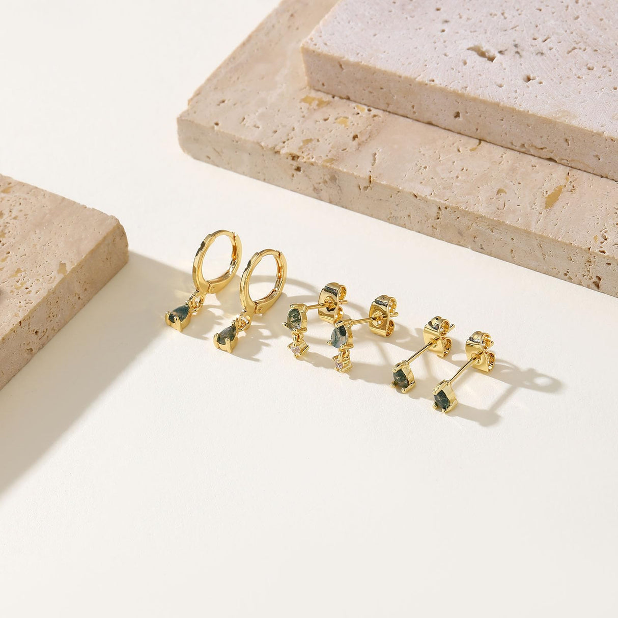 Moss Agate Gold Earrings for Women Set Stud Earring Stacks 14k Gold Plated Hypoallergenic Huggie Hoop Earrings Set Green Gemstone Dangle Earring Golden Jewelry Gifts For Women