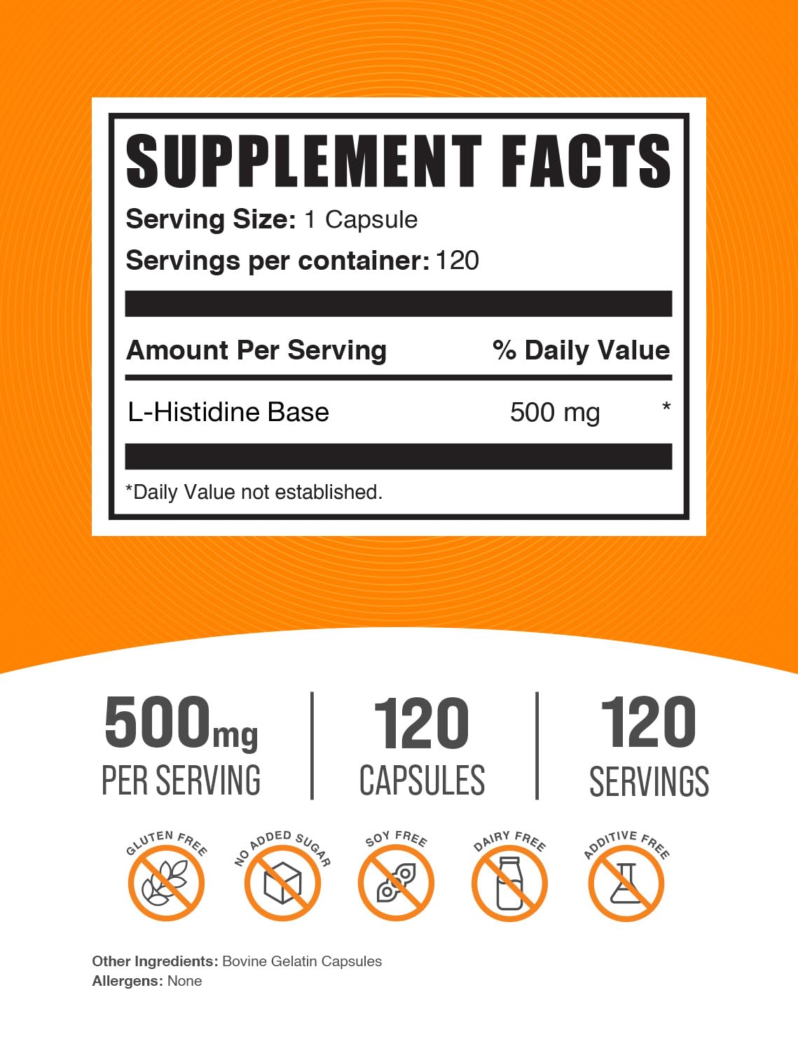 BulkSupplements.com L-Histidine Capsules - as L-Histidine Base, Histidine Supplement - Essential Amino Acid & Gluten Free, 1 Capsule per Serving, 120 Capsules (Pack of 1)