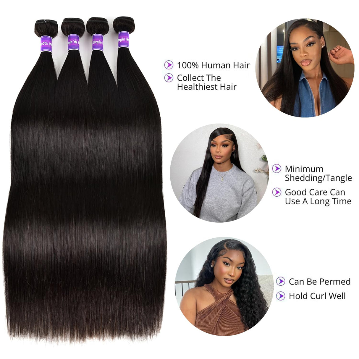10A Human Hair Bundles Straight Hair Bundles Brazilian Straight Human Hair Bundles 18 20 22 24 Inch 100% Unprocessed Virgin Weave 4 Bundles Human Hair Raw Remy Hair Bundles Deals Natural Black