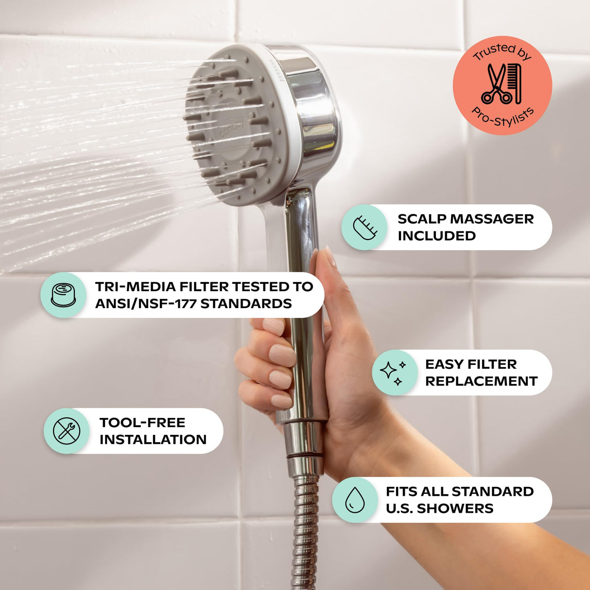 Canopy Handheld Filtered Shower Head & Scalp Massager - High Pressure Shower Head Filter for Hard Water - Shower Filter To Remove Impurities for Healthier Scalp, Skin & Hair - Hair Growth - Chrome