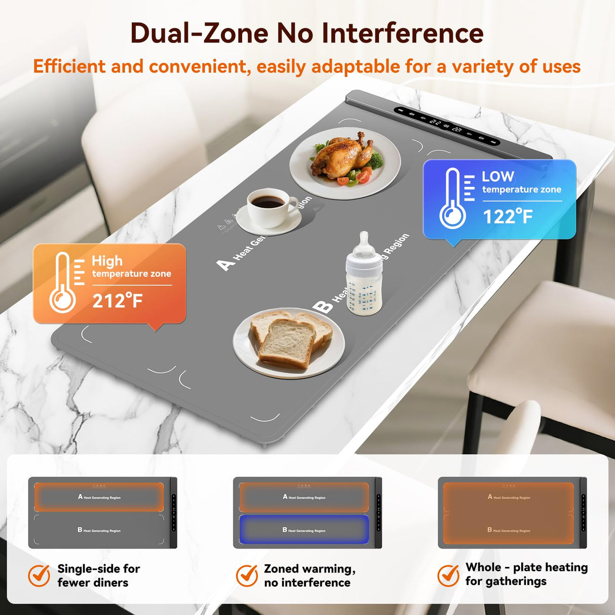 Newise Graphene Food Warming Mat with Dual Zone Control, XXL 36"x17" Electric Heating Tray, 6 Temp & Timer Settings, Fast Even Heat for Buffets, Parties, Family Dinners, Gift for Mom & Wife (Gray)
