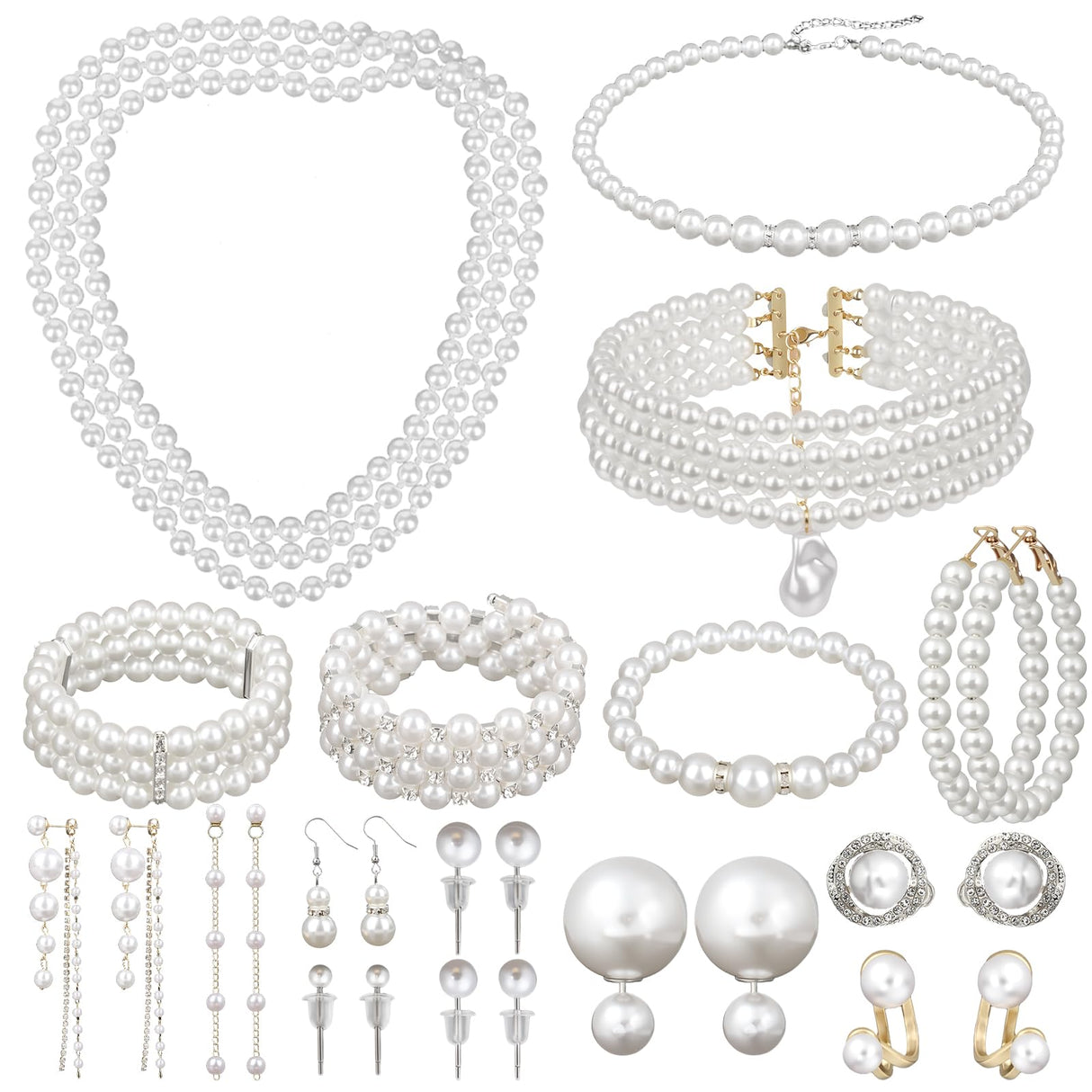 Jupwalz 16 Pcs Pearl Jewelry Set with Necklace, Earrings and Bracelets, Pearl Necklaces for Women, Faux Pearls Set Jewelry for Wedding Bridal Christmas Party