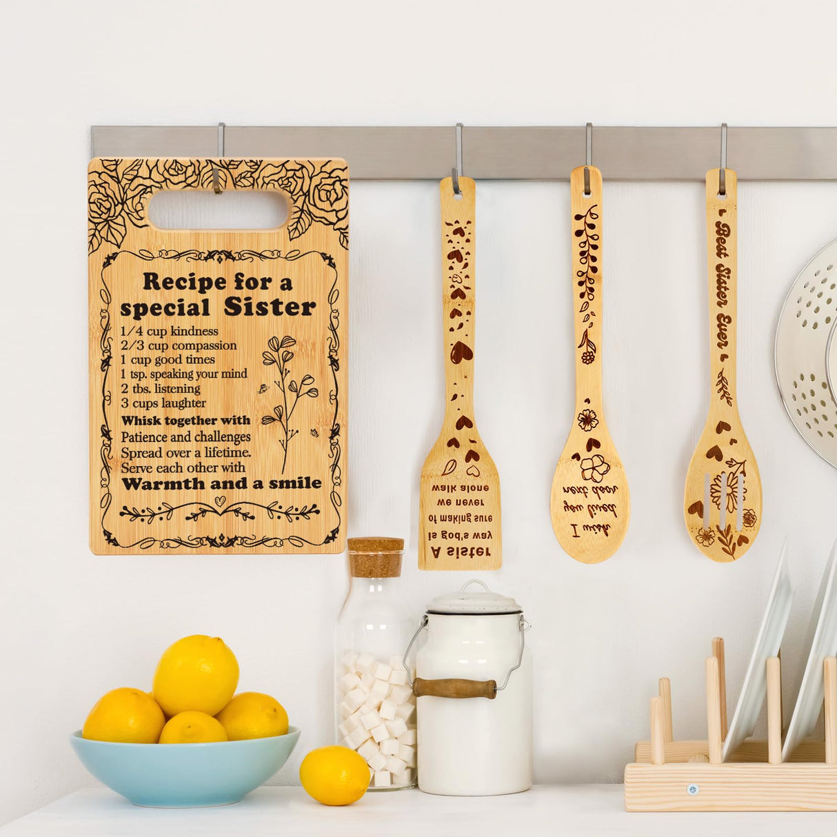 Sister Birthday Gifts Cutting Board Set, "Recipe for a Special Sister" Sister Christmas Gifts from Sister Engraved Utensil Sister Gifts for Women, Friendship Gifts for Bestie Best Friend Soul Sister