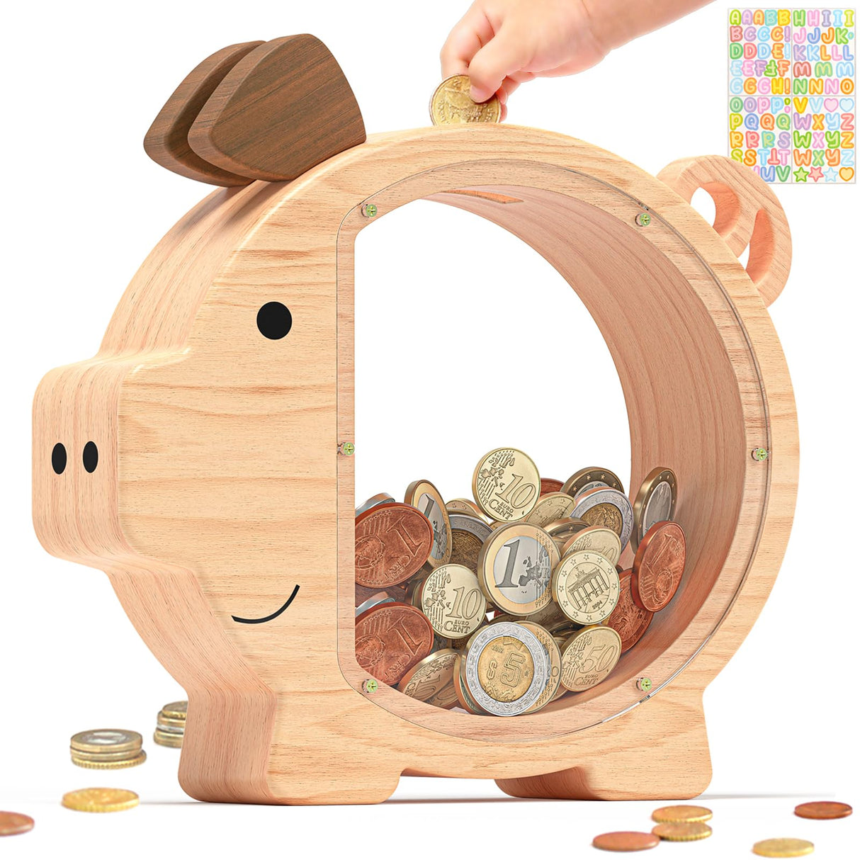 Summidate Wooden Piggy Bank for Kids Large Money Bank for Boys Girls,Cute Unbreakable Wood Money Box, Creative Saving Money Jar Personalized Gifts for Child Birthday Christmas & Decor