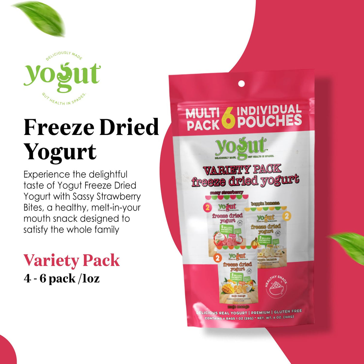 YoGut Freeze Dried Yogurt Snack, Variety Pack, 6 Pack, Healthy Snacks for Kids, Toddlers & Adults, Gluten Free, Non GMO, With 5 Billion Live Probiotics, Vitamins & Minerals, Individual Snack Packs
