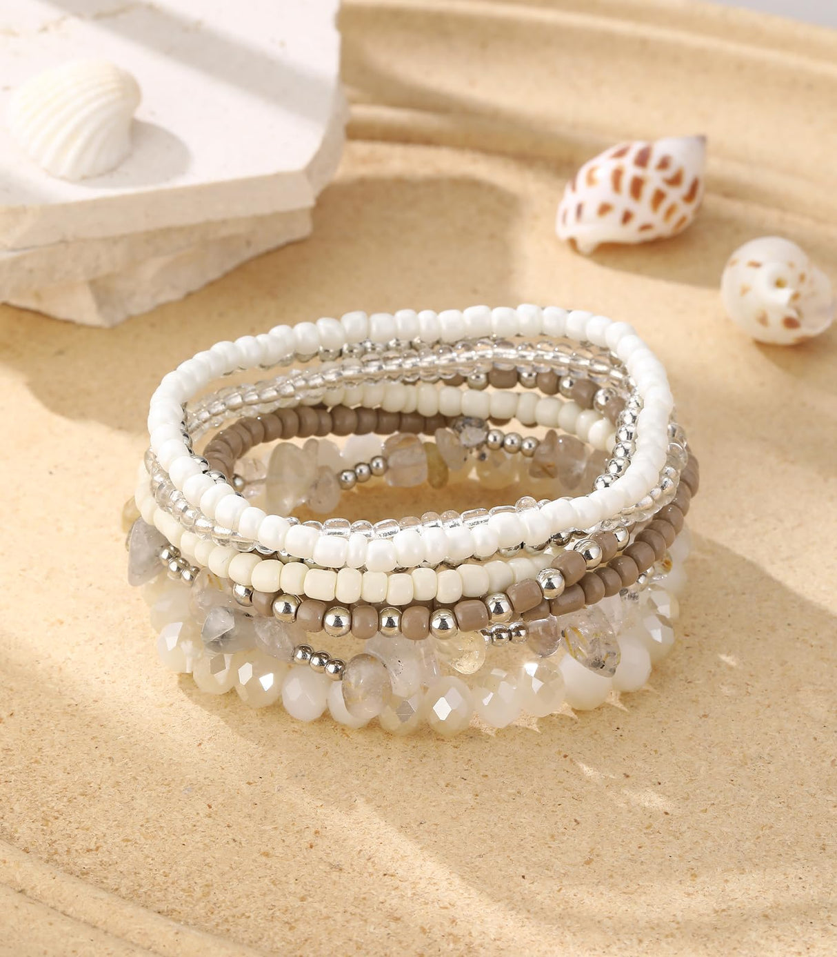 Noessla Boho Beaded Bracelets for Women Stackable Irregular Natural Stone Bead Stretch Bracelet Set 8PCS Costume Jewelry Gifts for Her(Beige)