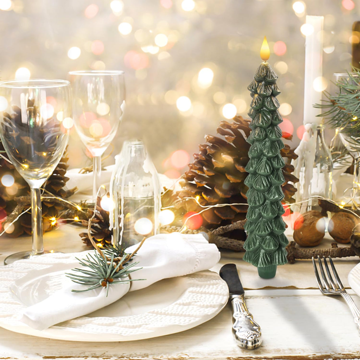 Homemory 3 PCS Flameless Taper Candles with 6-Hours Timer, 9.5 Inches Christmas Tree Candlesticks, Real Wax Battery Operated Window Candles with 3D Flickering Flame for Fireplace Christmas