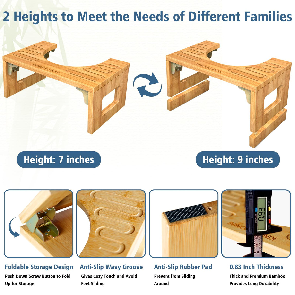KingPavonini Bamboo Toilet Stool Squat 7in & 9in Adjustable Heights, Foldable Potty Stool for Adults with Non-Slip Layer to Improve Bathroom Posture and Comfort, 400 lbs Capacity