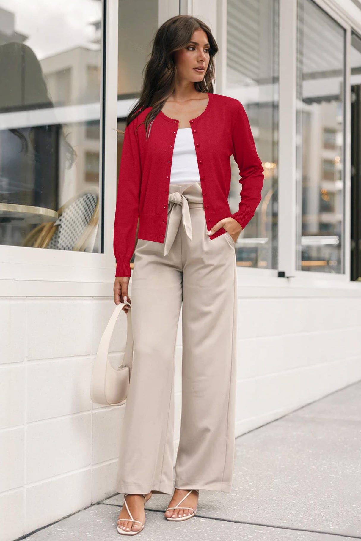 Newshows Women's 2025 Business Cardigan Lightweight Button Down Long Sleeve Casual Crew Neck Soft Knit Fall Cardigan Sweater Christmas Tops(Purplish Red,Medium)