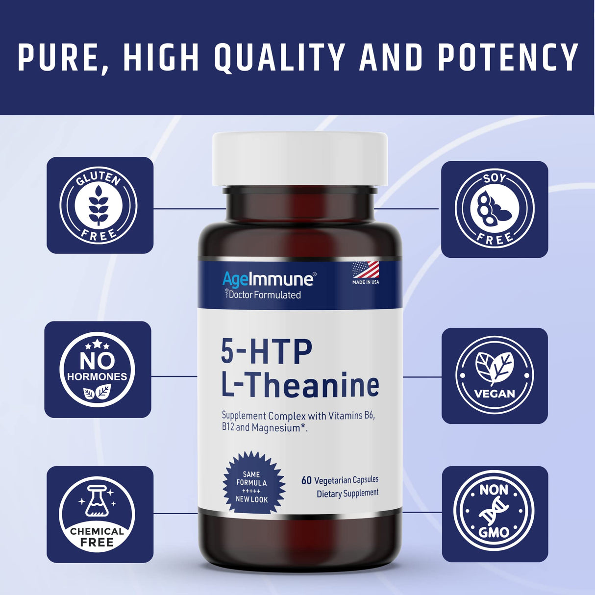 5-HTP Formula for Stress Relief and relaxation support for Teens and Adults with 5-HTP, L-Theanine, Vitamin B6, Vitamin B12, Magnesium - Doctor Formulated - Magnesium Stearate Free - 60 capsules.