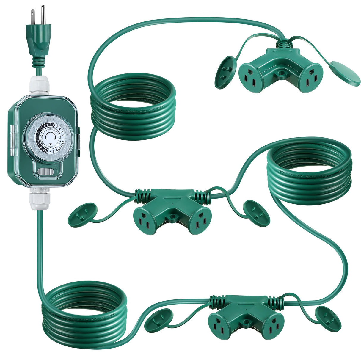Feekoon 20 FT Outdoor Extension Cord with Timer 6 Outlets, 16AWG SJTW Heavy Duty Green Power Cord with Safety Cover Weatherproof Multiple Outlet Cable for Christmas Halloween Light Outdoor Decorations