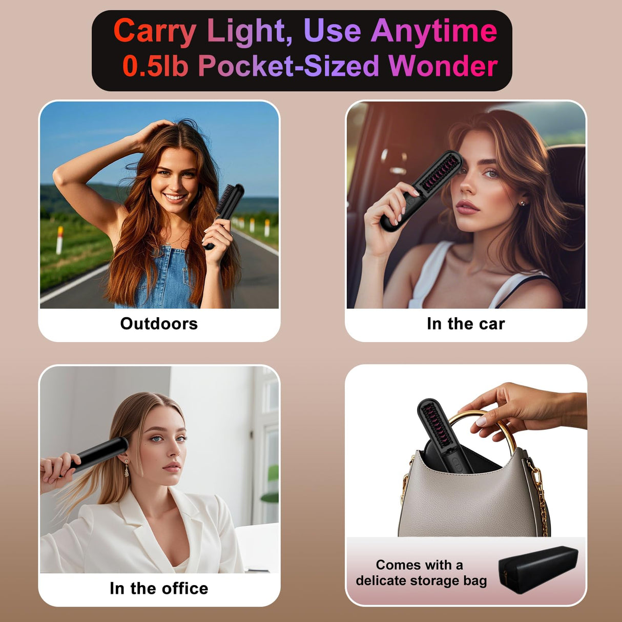 Cordless Hair Straightener Brush with 6500mAh Fast Charge Dual Mode (Cord-in-use & Cordless), 200 Million Negative Ions Portable Travel Straightener, 30s Heat-Up Mini Hair Straightening Comb for Woman