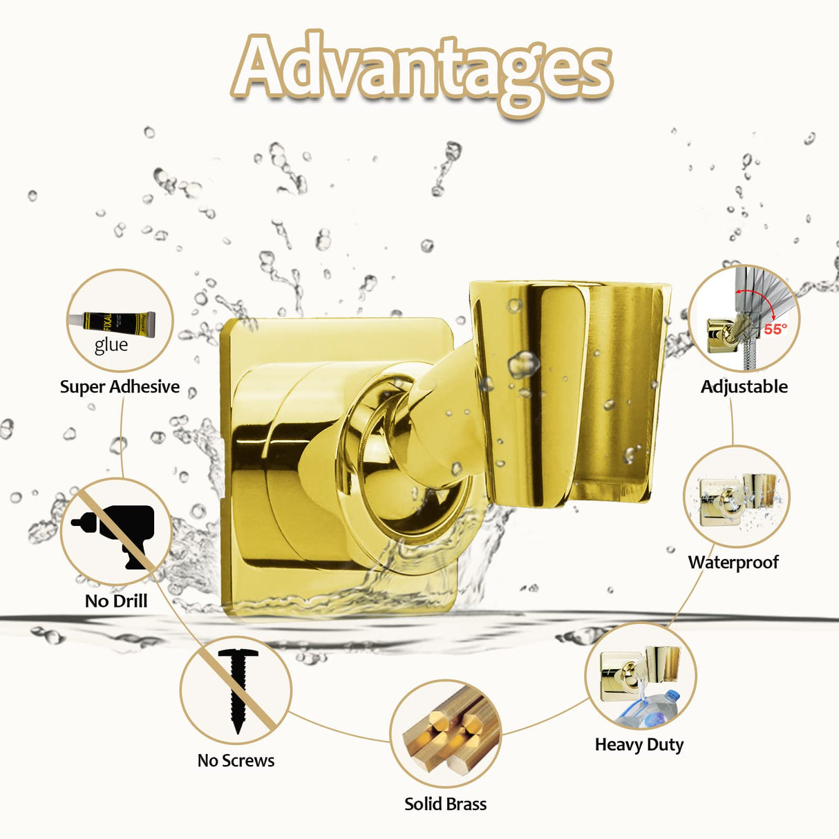 Shower Head Holder Handheld Shower Wand Holder Adjustable Shower Head Bracket Shower Wall Mount Holder, Polished Brass/Gold Finish, Drill Free Glue Installation
