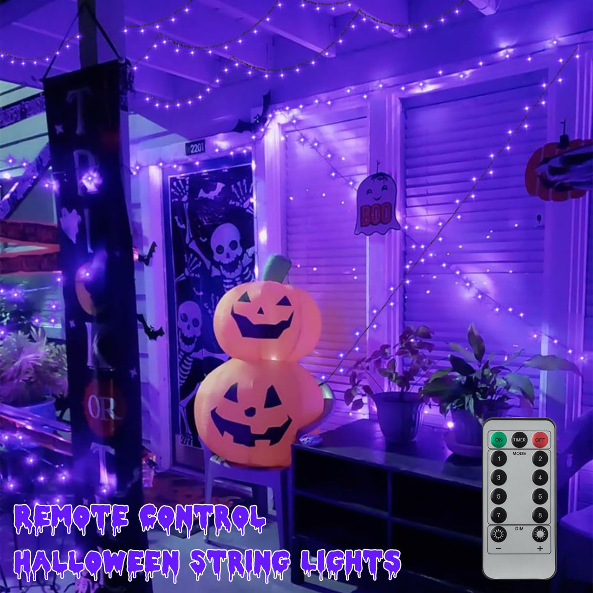YEGUO Halloween Lights Battery Operated, 2 Pack Each 33ft 100 LED Purple String Lights Outdoor Waterproof, Green Wire Fairy Christmas Light Indoor with Remote