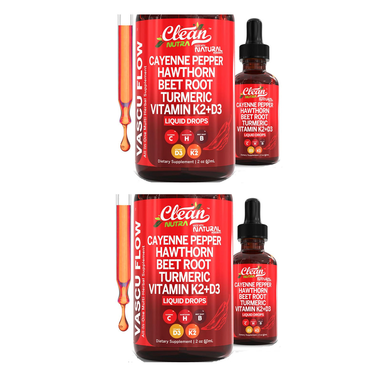 Clean Nutra Cayenne Drops, Vascu Flow, Cayenne Pepper Hawthorn Beet Root (2PCS)