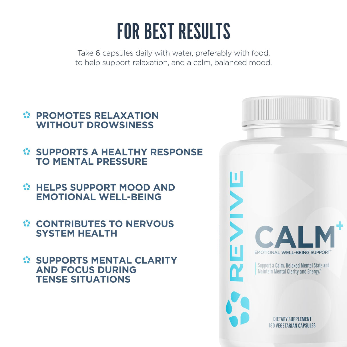 Revive MD Calm, Emotional Well-Being Support Supplement - Stress Management for Men & Women - Mood Enhancement Supplement Promotes Relaxation with L-Theanine, GABA & 5-HTP - 180 Capsules