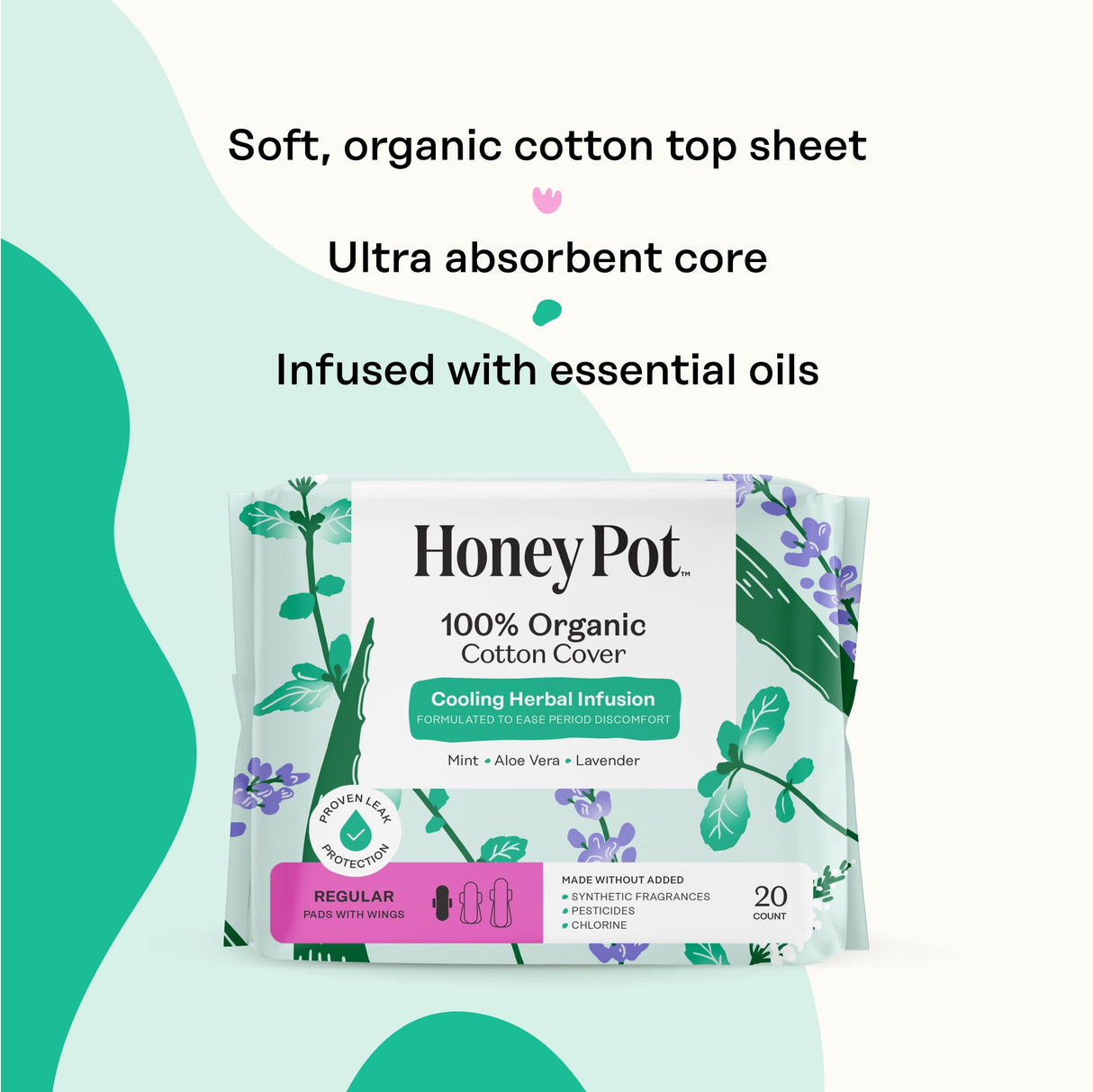 The Honey Pot Company - 80ct - Herbal Sanitary Pads for Women - Regular Flow w/Wings - Infused w/Essential Oils for Cooling Effect & Organic Cotton Cover - Feminine Care - FSA & HSA
