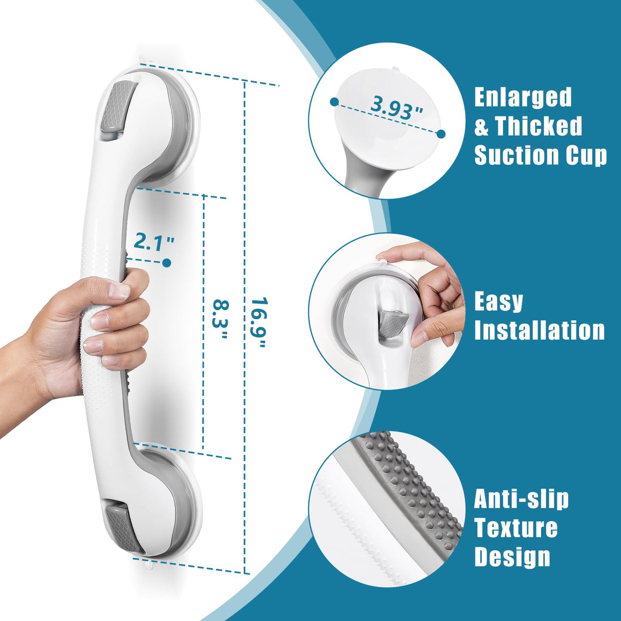 Reyiu Grab Bars for Bathtubs and Showers, 16 Inch Shower Handle Heavy Duty Suction Cup Grab Bars for Shower Chair, Bathroom Safety Bar for Elderly 2 Pack
