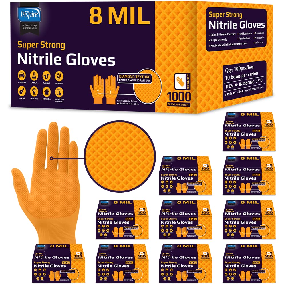Inspire Heavy Duty Orange Nitrile Gloves | ULTRA 8 Mil Diamond Textured Grip | Industrial Mechanic Disposable Cleaning Gloves Small, 1000 Count