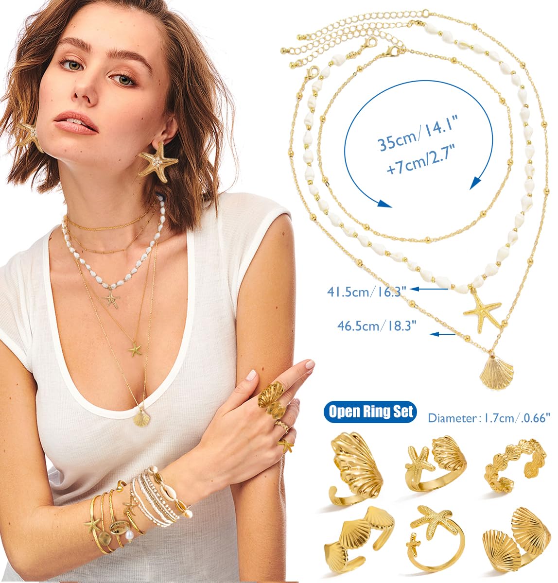 Vieyomn 32 Pcs Starfish Seashell Jewelry Set for Women Layer Necklace Bracelets Stackable Shell Starfish Rings Stud Earrings Pearl Beach Vacation Accessories