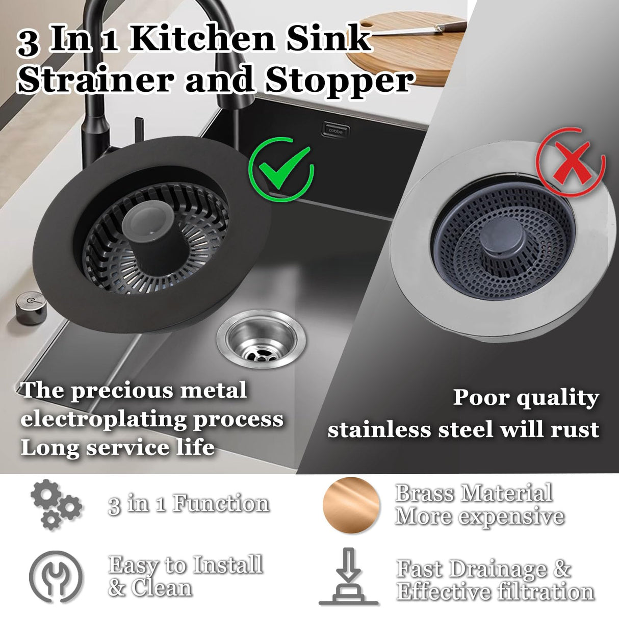 BAOLSLS 3 in 1 Kitchen Sink Stopper, Pop Up Kitchen Sink Drain Strainer, with an Extra Basket Strainer, Kitchen Sink Drain Stopper for US Standard 3-1/2 Inch, Brass Material Electroplate Black