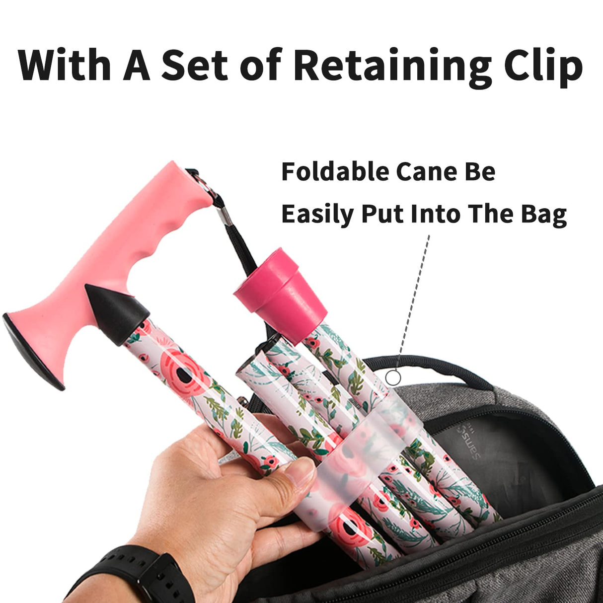 CLOKTA Walking Cane for Men and Women, Foldable Floral Lightweight Adjustable Portable for Folding Canes, Comfortable T-Handle for Seniors Adults (Pink Floral)