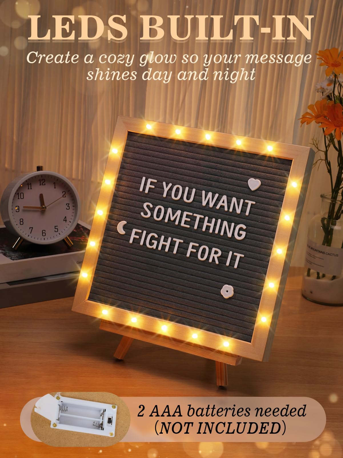 Changeable Felt Letter Board with LED Lights - 10×10" Message Custom Signs & Wood Stand & 450 Letters, Poster Board for Christmas/Pregnancy/Baby Announcement/Classroom Wall Decor Gifts, Grey