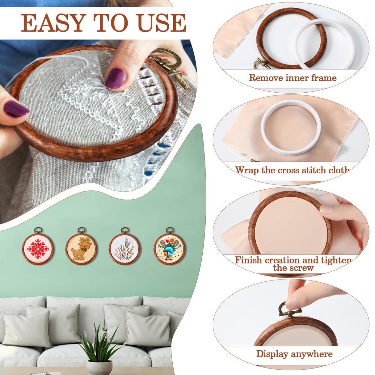 Burbell 15 Pcs 3 Inch Round Embroidery Hoops Frame Circle Rubber Hoops Ring Display Cross Stitch Ornament Imitated Wood Frame Kits for Christmas Halloween Craft Sewing DIY Hanging Gifts