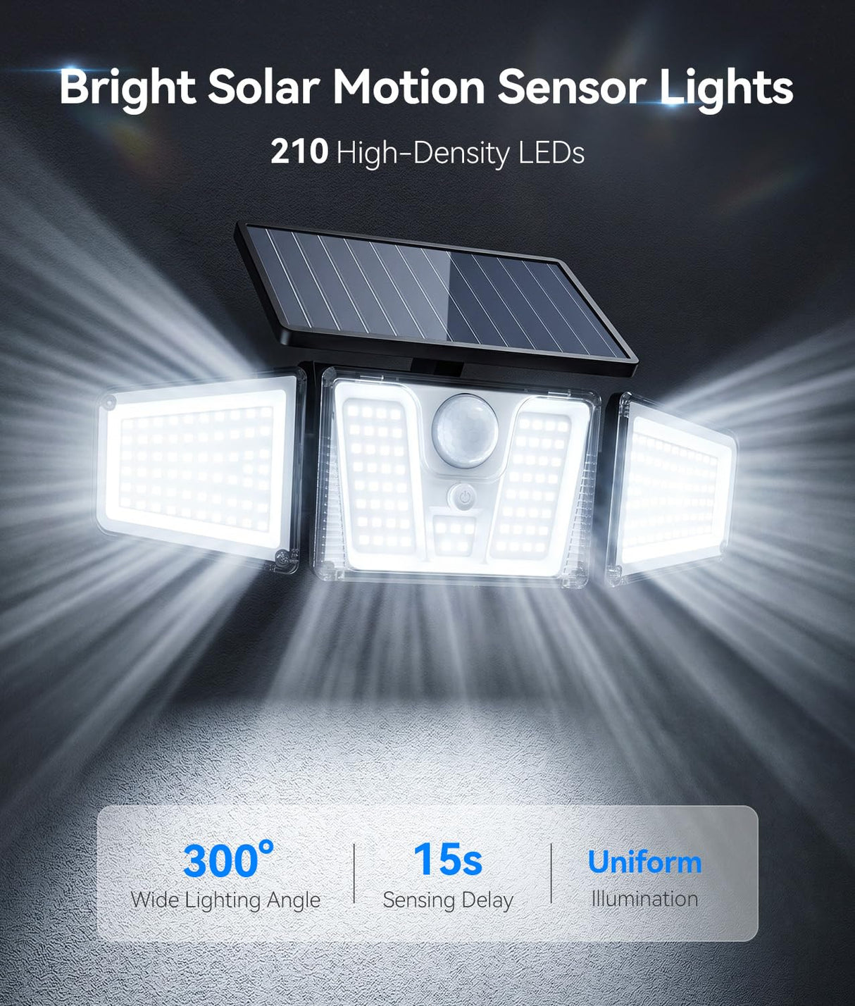 KOOPER Solar Flood Lights, 210 LED Motion Sensor Outdoor Lights, Solar Motion Lights Outdoor Waterproof, 3 Heads 300° Wide Angle Outdoor Security Lights for Yard Patio Garage Entryways, 2 Pack, Black