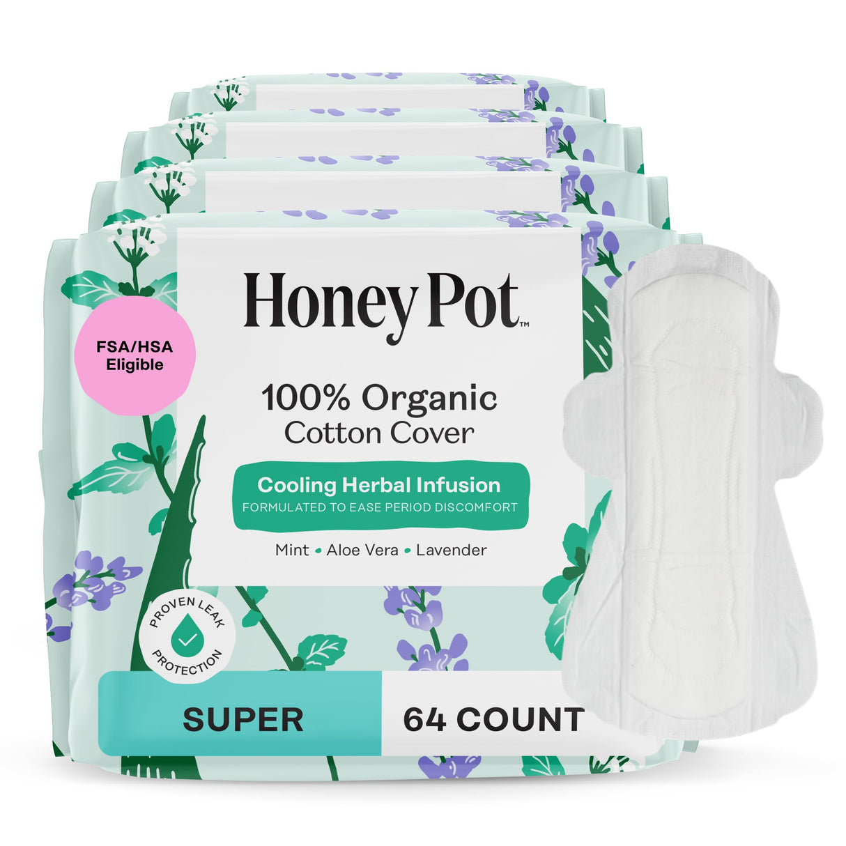 The Honey Pot Company - 64ct - Herbal Pads for Women - Super w/Wings - Infused w/Essential Oils for Cooling Effect, Organic Cotton Cover, & Ultra-Absorbent Pulp Core - Feminine Care - FSA & HSA