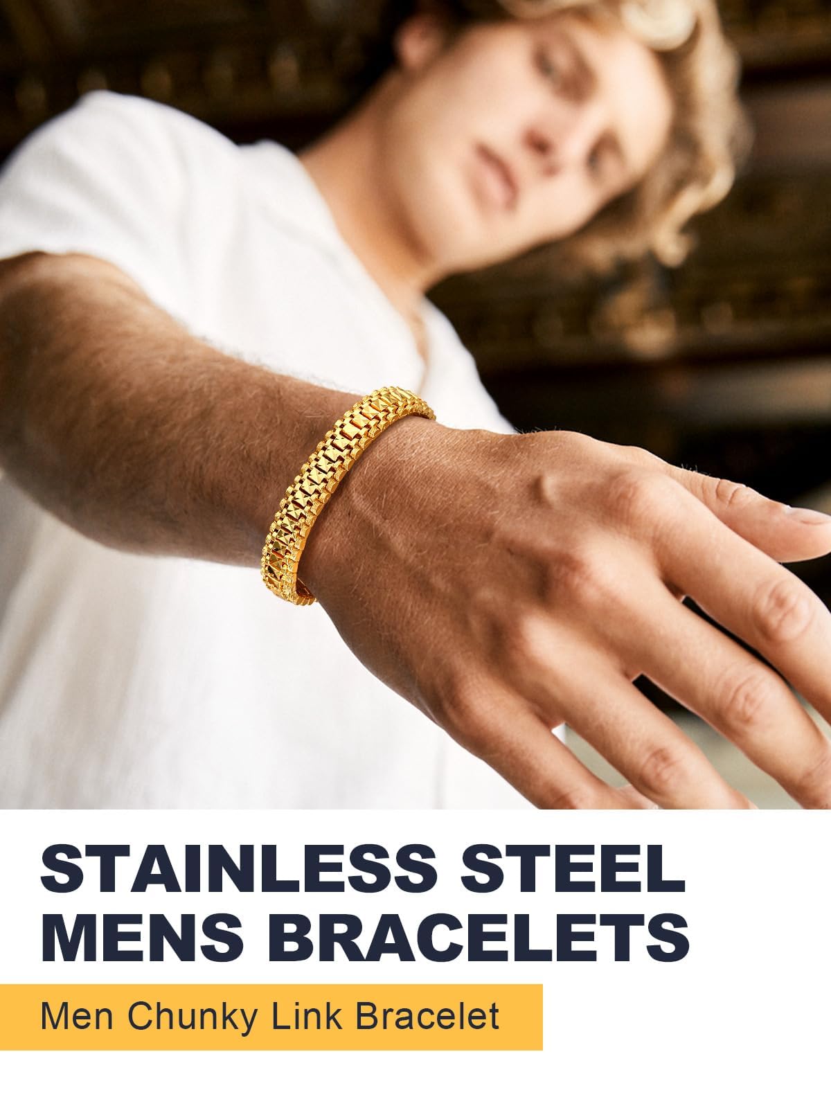 U7 Gold Bracelet for Men,14K Yellow Gold Plated Solid Mens Bracelet 12mm