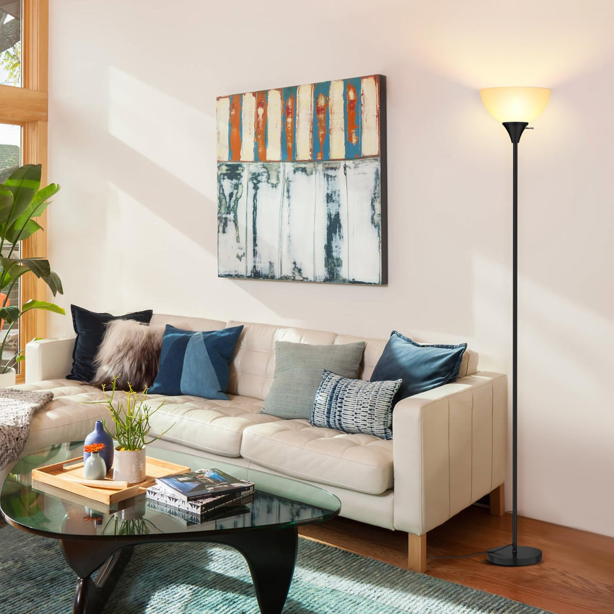 Coucrek Floor Lamp, LED Standing Lamps with White Plastic Shade, Black Modern Torchiere Floor Lamp, Tall Lamps for Living Room Dorm, Bulb not Included