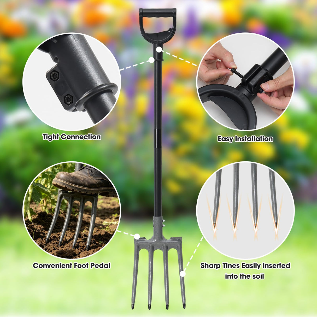 REILEIHODE Pitch Fork, 46 inch Garden Fork with Metal 4 Tines & Ergonomic D Handle, Heavy Duty Pitchforks for Gardening Digging Composting Soil Loosening