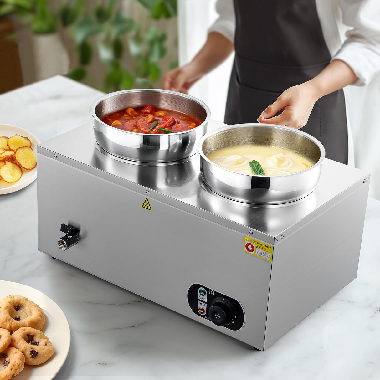 WILPREP Commercial Food Warmer with Two 7.4 QT Inserts, 1500W Countertop Electric Steam Table, 86-185°F Adjustable Temp Control & Over-Temp Protection, Stainless Steel