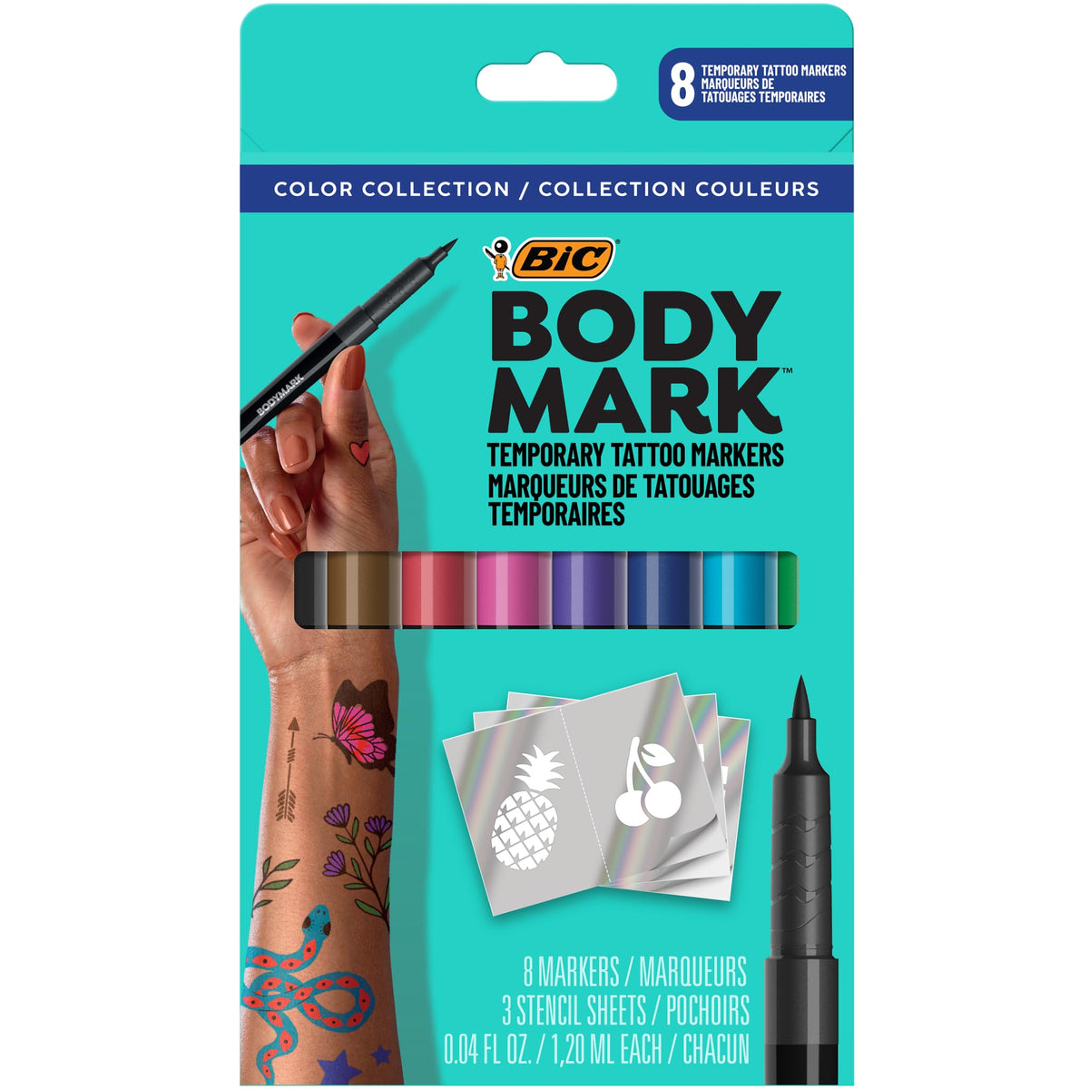 BODYMARK Temporary Tattoo Markers, 8-Count Color Collection, Skin-Safe