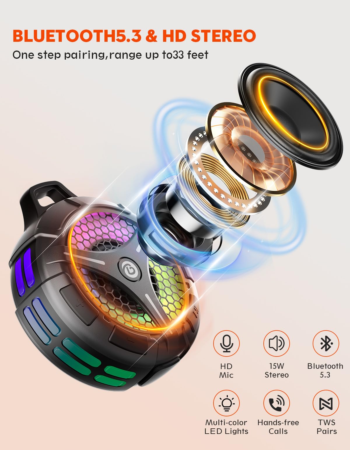 Waterproof Bluetooth Shower Speaker, Suction Cup, Small Portable Wireless IPX7 Waterproof Outdoor Speakers, Loud Stereo Sound Deep Bass, TWS Pairs, 6 Mode RGB Lights, All Ages Gift for Christmas