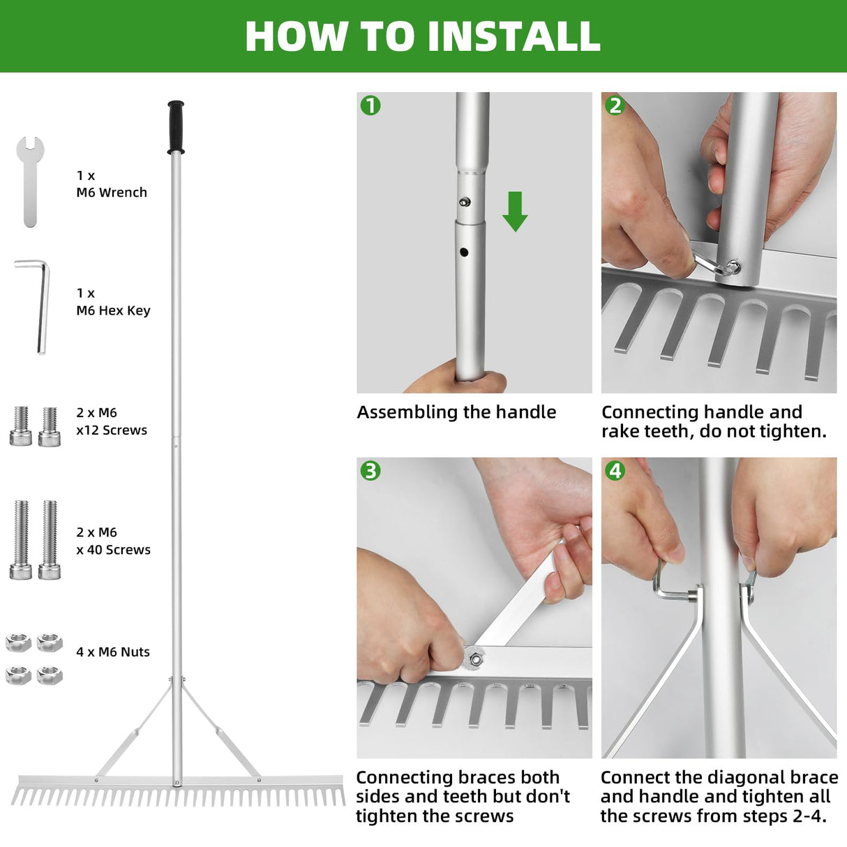 Landscape Garden Rake 36" Head Aluminum Heavy Duty Rake for Leaves Weed with 69" Long Handle for Loosening Soil Lawn Care Weeding Landscaping Tools
