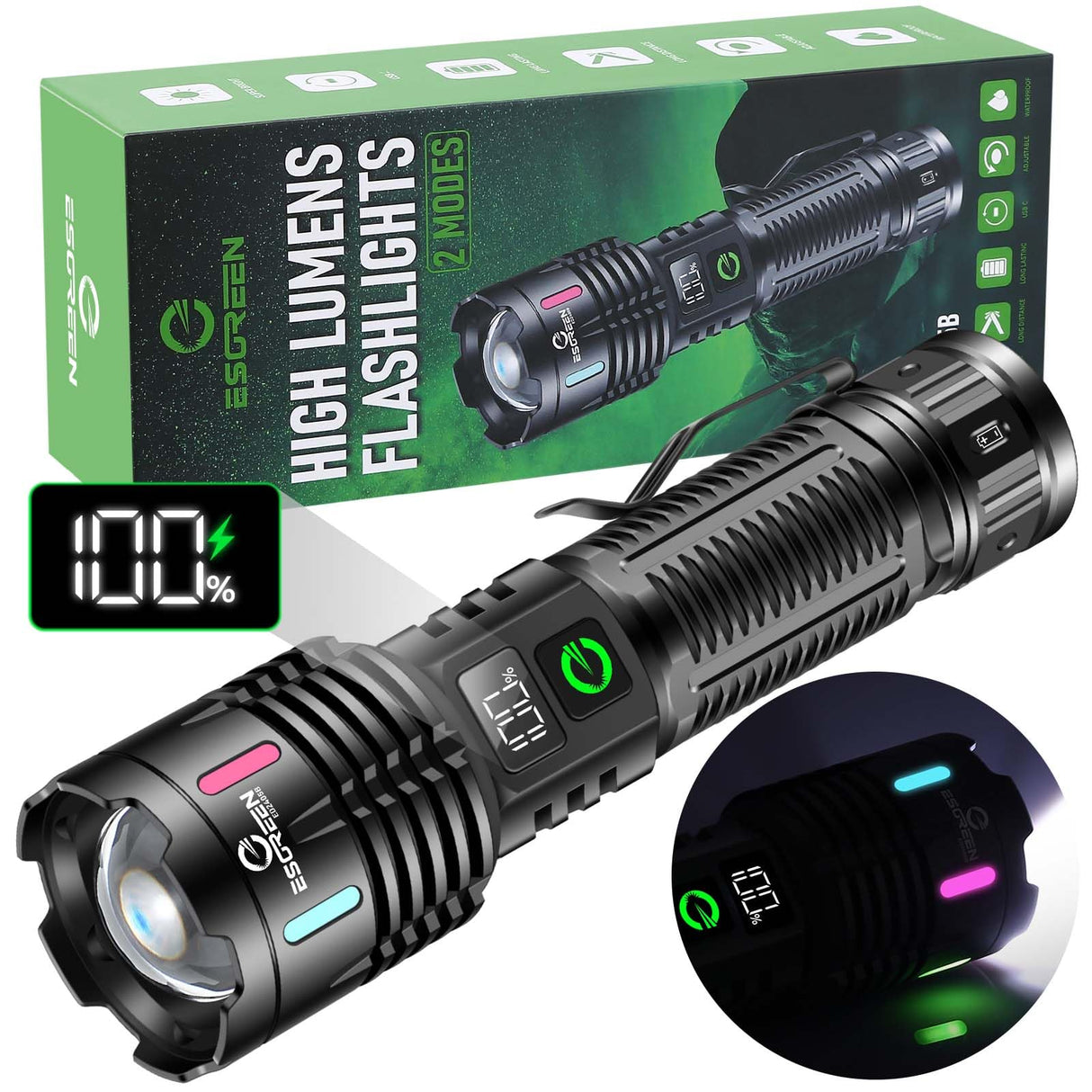 Esgreen Rechargeable Flashlights High Lumens 100000 Single 2 Modes, Super Bright LED Flashlight USB C Long Distance 3280ft, Powerful Long Lasting 10H Heavy Duty Strong Flash Light for Camping Hiking