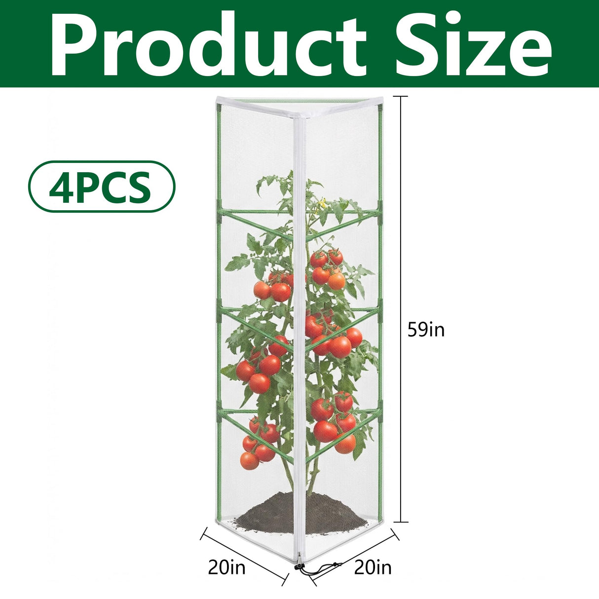 4 Pcs Garden Bird Netting for Triangle Plant Cage, 59" x 20" x 20" Tomato Cage Garden Net Cover with Zipper, Tomato Trellis Insect Bird Barrier Protection Mesh for Vertical Climbing Plant Vegetable