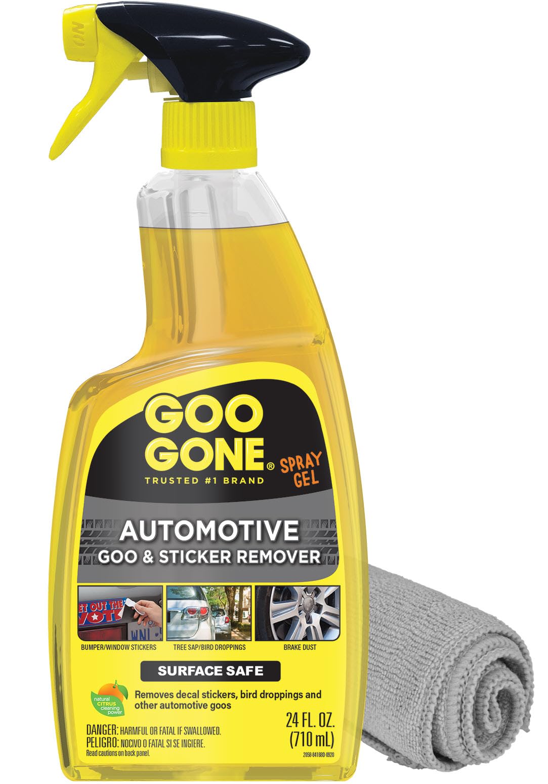 Goo Gone Automotive Adhesive Remover, Goo & Grime Cleaner for Bumper Stickers, Decals, Tree Sap, Brake Dust, Bird Droppings, Gum, Spray Paint, Asphalt, 24 oz with MicroFiber Buffing Towel