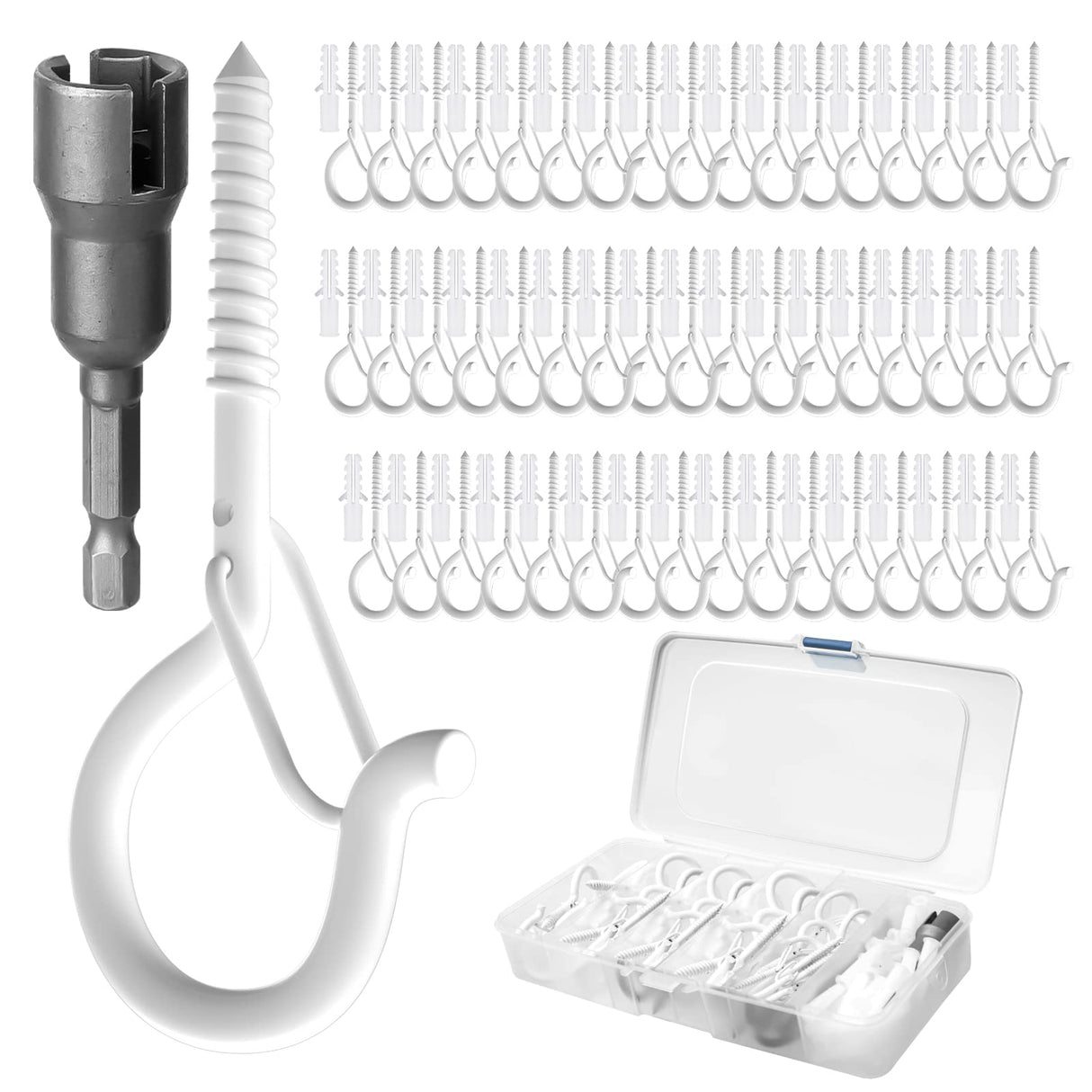 GIPTIME 50PCS Windproof Screw Q-Hanger Hooks with Safety Buckle for Hanging Outdoor String Lights, Plants, Christmas Decorations, Includes Wing Nut Driver, White