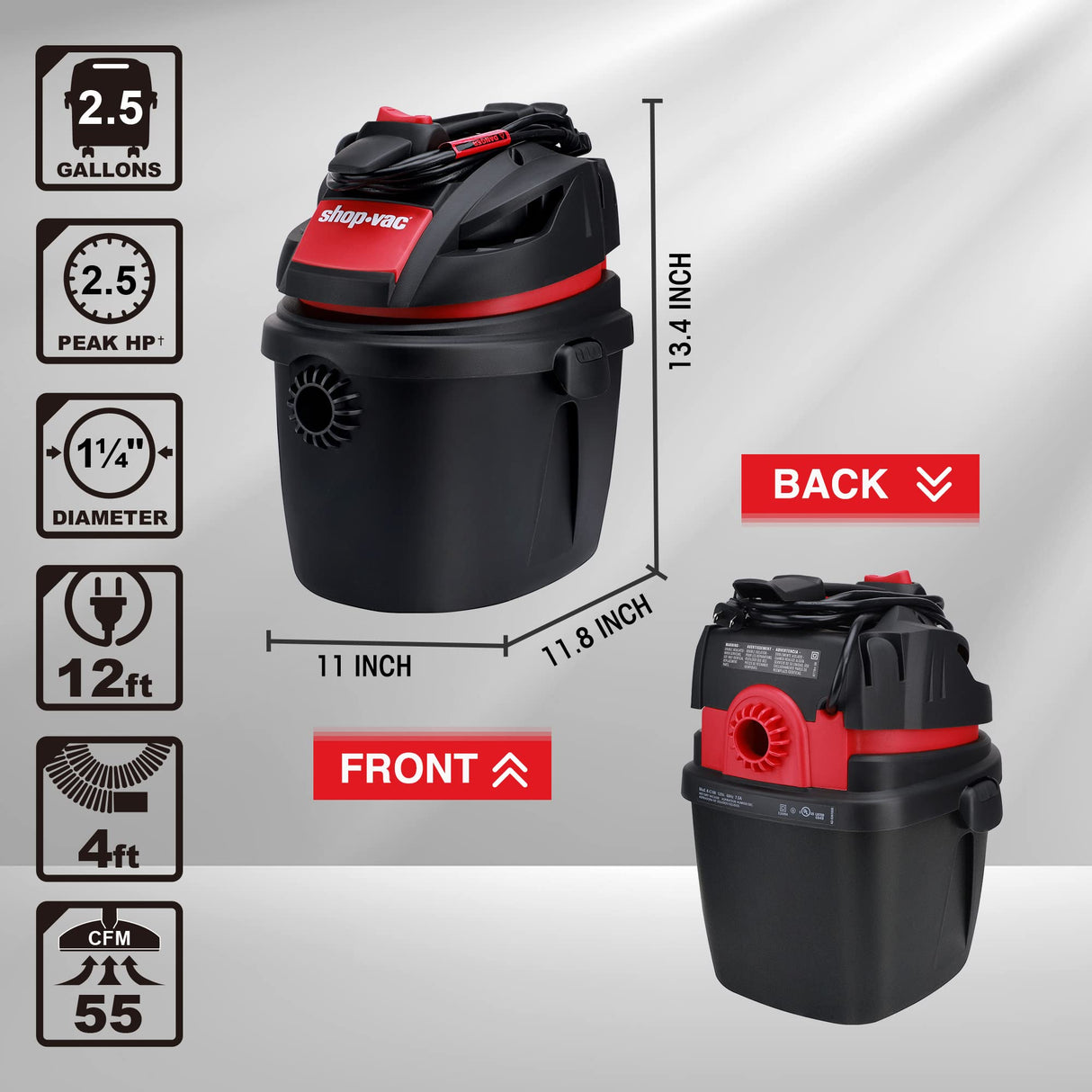 Shop-Vac 5760288 2.5 Gallon Wet/Dry Vacuum, 2.5 Peak HP, 1.25 Inch Diameter x 4 Ft Hose, Portable Compact Design