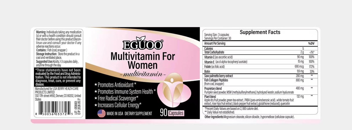 EGUOO Multivitamin for Women - Womens Multivitamin with Vitamin C, E, Biotin and Folic Acid Vitamins for Women - Womens Vitamins for Energy, Immune, Brain, Heart, Eye and Bone Health, 90 Capsules