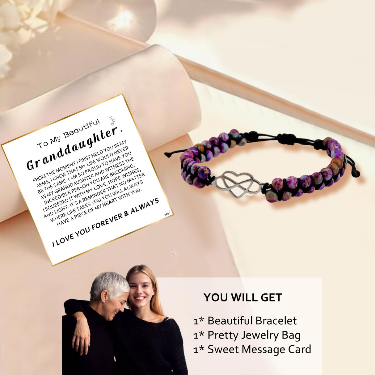 ziella To My Granddaughter/Daughter/Mom-Infinity Forever Love Heart Bracelet,Adjustable Natural Emperor Stone Beaded Bracelet for Women (To Granddaughter)