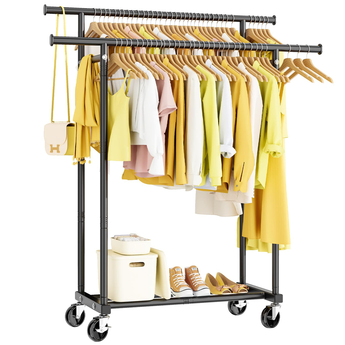 HYSEYY Double Rods Clothes Rack, Rolling Clothing Rack for Hanging Clothes Portable Wardrobe, Metal Garment Rack Sturdy Coat Rack for Bedroom Laundry Living Room, Black