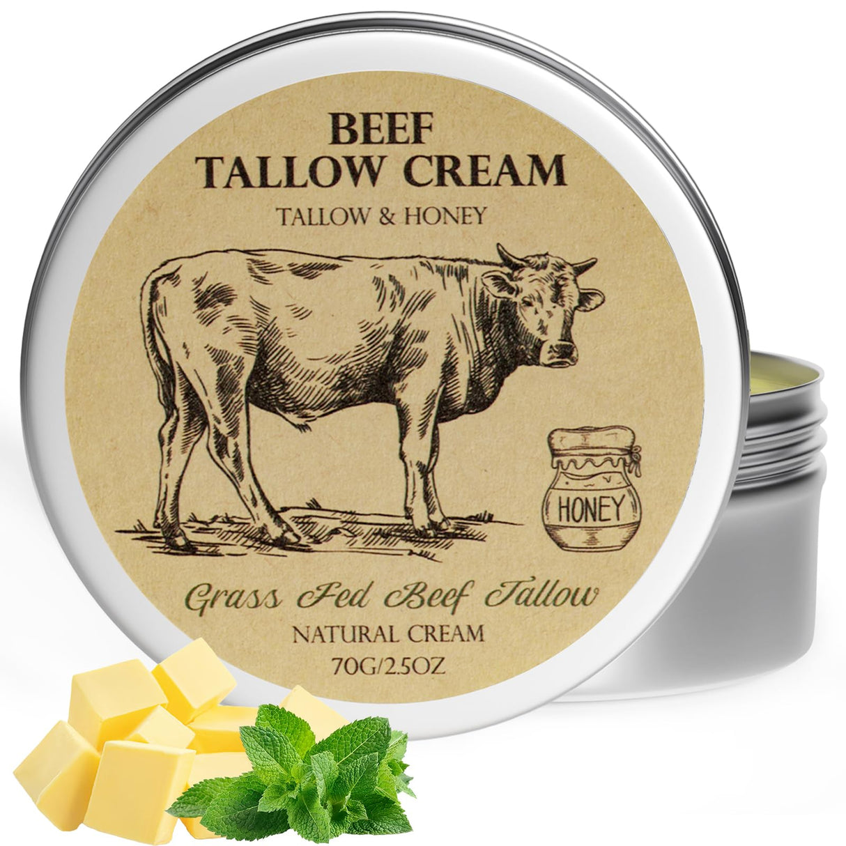 MROUVIK Beef Tallow for Skin, Tallow and Honey Balm,Tallow Face Moisturizer, Natural Grass-Fed Beef Tallow Balm with Raw Honey Moisturizing Cream for Body Lotion Skin Care