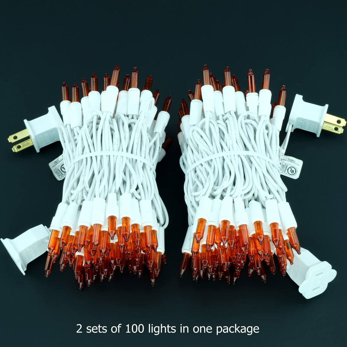 YULETIME 200 Orange Christmas Lights, Pack of 2 Strands of 21 ft 100 Count UL Certified Incandescent Mini String Light (Orange - White Wire)